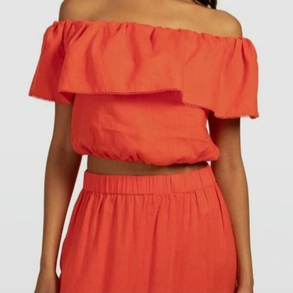 $198 Trina Turk Women's Orange Ruffled Linen Off Shoulder Blouse Top Size S - Picture 1 of 8